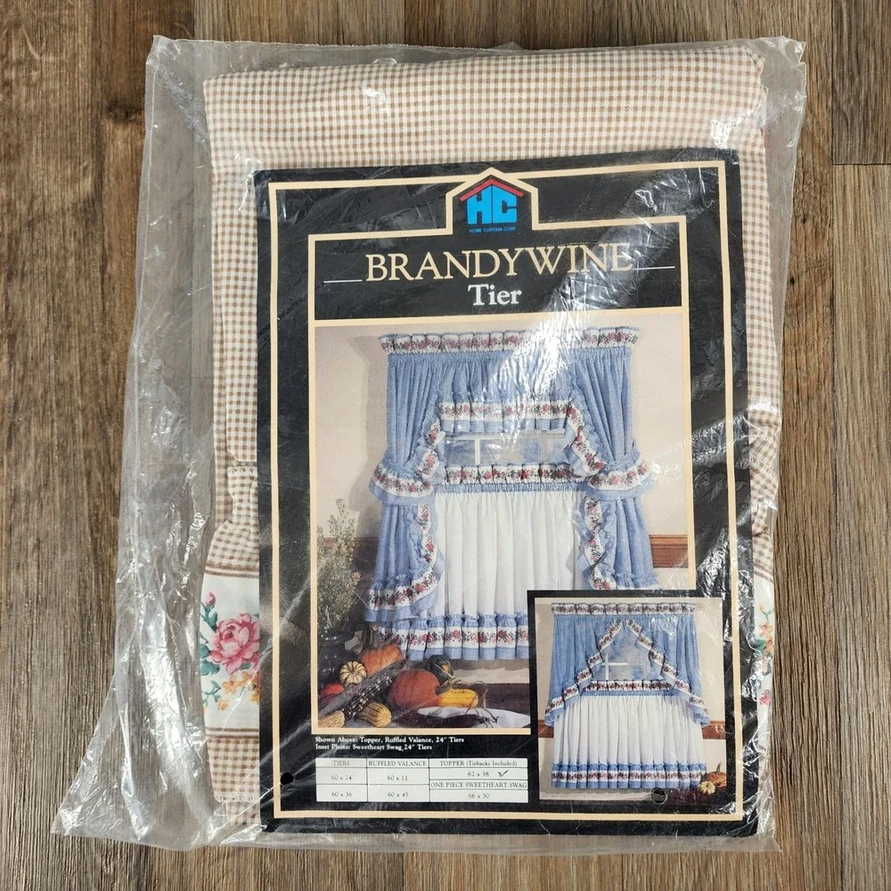 Vintage Home Curtain Corp Brandywine Topper Tan Gingham Floral Ruffled 62x38